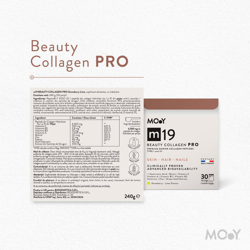 m19 PRO Colagen hidrolizat marin premium, dovedit clinic, beauty, 6.300mg tip I si III, aroma capsuni si lime, 30 portii, 240 g, Molecules of Youth, natural